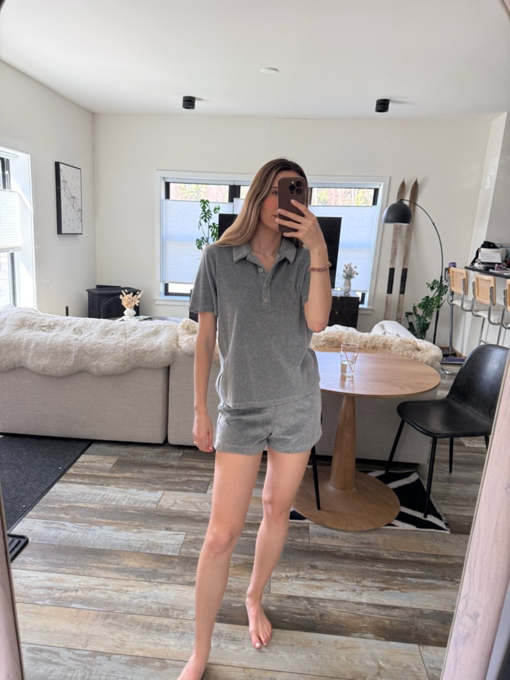 Reformation Heather Gray Polo Shirt & Shorts Set